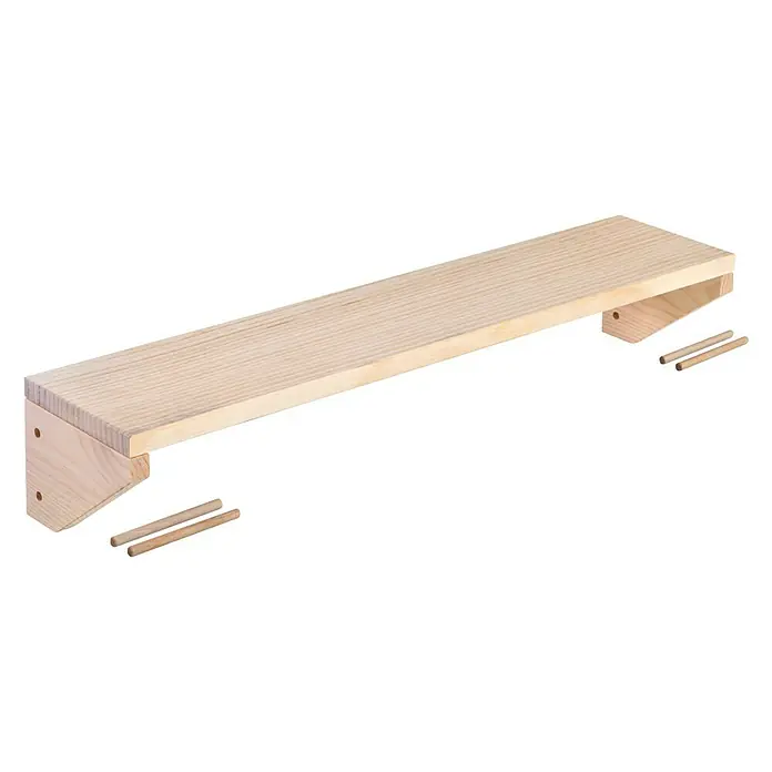 Astigarraga Wally Estante de madera - L x An x Al: 17 x 80 x 14,2 cm, Natural, Madera maciza de pino, Carga límite balda: 100 kg - Imagen del producto de un estante de madera sin terminar con tacos a juego para un fácil montaje, lo que proporciona una solución de almacenamiento robusta.