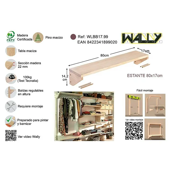 Astigarraga Wally Estante de madera - L x An x Al: 17 x 80 x 14,2 cm, Natural, Madera maciza de pino, Carga límite balda: 100 kg - Imagen de una estantería de pared de madera maciza de pino, con certificación PEFC, de 80x17 cm, con una capacidad de carga de 100 kg.