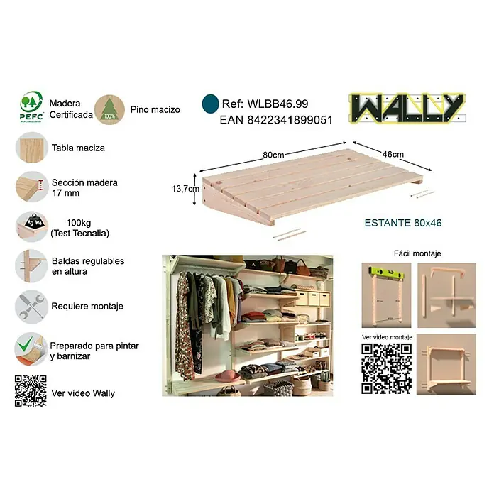 Astigarraga Wally Estante de madera - L x An x Al: 46 x 80 x 13,7 cm, Natural, Madera de pino, Carga límite balda: 100 kg - Imagen de la estantería "WALLY" 80x46 de madera maciza de pino, certificada PEFC, con fácil montaje y preparada para pintar o barnizar.