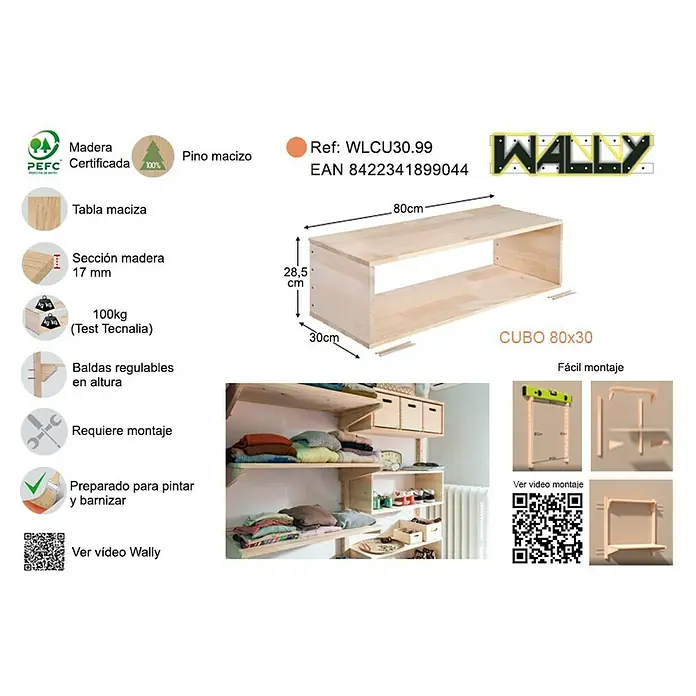 Astigarraga Wally Estante de madera Cubo - L x An x Al: 30 x 80 x 28,5 cm, Natural, Madera maciza de pino, Carga límite balda: 100 kg - Imagen de un estante de madera (80x30 cm) con instrucciones de montaje, fabricado con madera maciza certificada, preparado para pintar y barnizar.