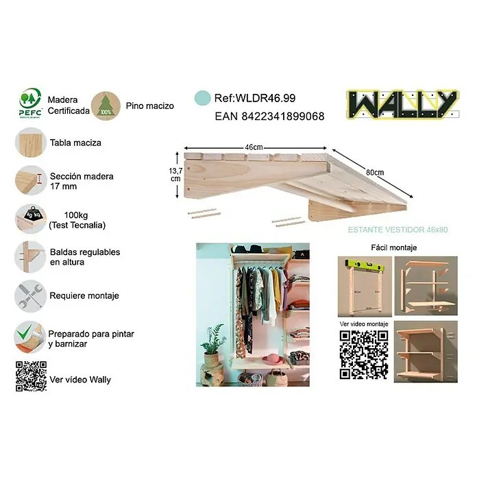 Astigarraga Wally Estante de madera - L x An x Al: 46 x 80 x 13,7 cm, Natural, Madera maciza de pino, Carga límite balda: 100 kg - Imagen que muestra la estantería de pared de madera maciza "WALLY", perfecta para vestidores, de 46x80 cm y soporta hasta 100 kg.