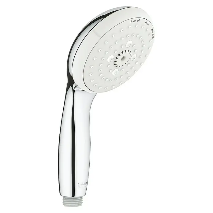 Grohe Tempesta 100 Handbrause - Anzahl Funktionen: 3 Stk., 9,5 l/min, Chrom - Nahaufnahme eines glänzenden, verchromten Duschkopfes mit verschiedenen Strahlarten für ein luxuriöses Duscherlebnis.
