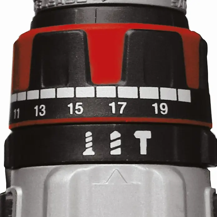 Einhell Set taladro atornillador percutor de batería TE-CD 18 Li-i BL - 18 V, Iones de litio, 3 Ah, 2 baterías - Primer plano del collar de ajuste de par de un taladro inalámbrico con los números 11 a 19, y los símbolos de tornillo y taladro.