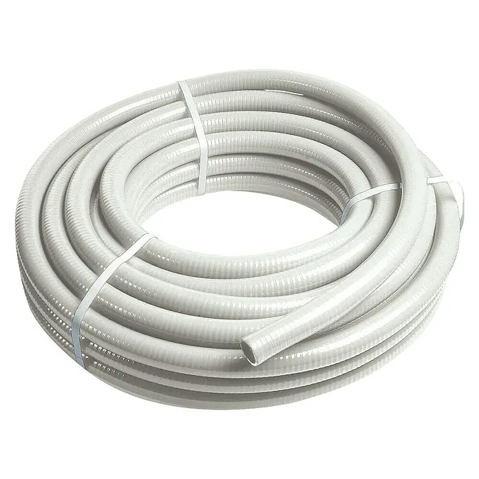 Tubo PVC flexible - Ø x L: 40 mm x 25 m, Plástico, Blanco - Una bobina de conducto de plástico blanco, corrugado y flexible, atada con bridas. Ideal para instalaciones eléctricas.