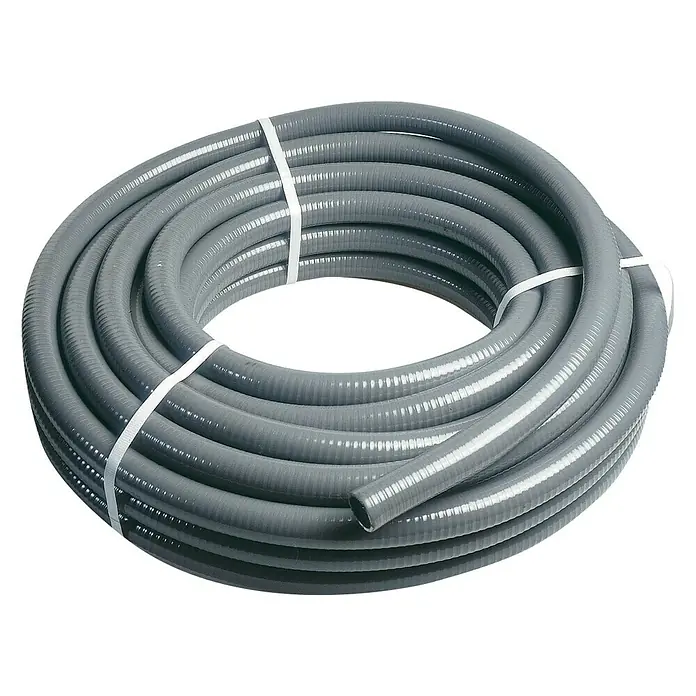 Tubo PVC flexible - Ø x L: 32 mm x 25 m, Plástico, Gris - Un rollo de conducto eléctrico flexible gris, sujeto con lazos blancos, sobre un fondo negro.
