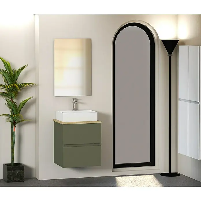 Artysan Mueble bajo de lavabo Fons - 39 x 50 x 56 cm, Musgo - Interior de baño moderno con tocador verde oliva, espejo y espejo alto con marco negro.