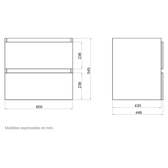 Artysan Mueble bajo de lavabo Fons - 46 x 60 x 56 cm, Blanco seda - Diagrama de un mueble que mide 600x446x545 mm, con dos cajones de 238 mm de altura cada uno.