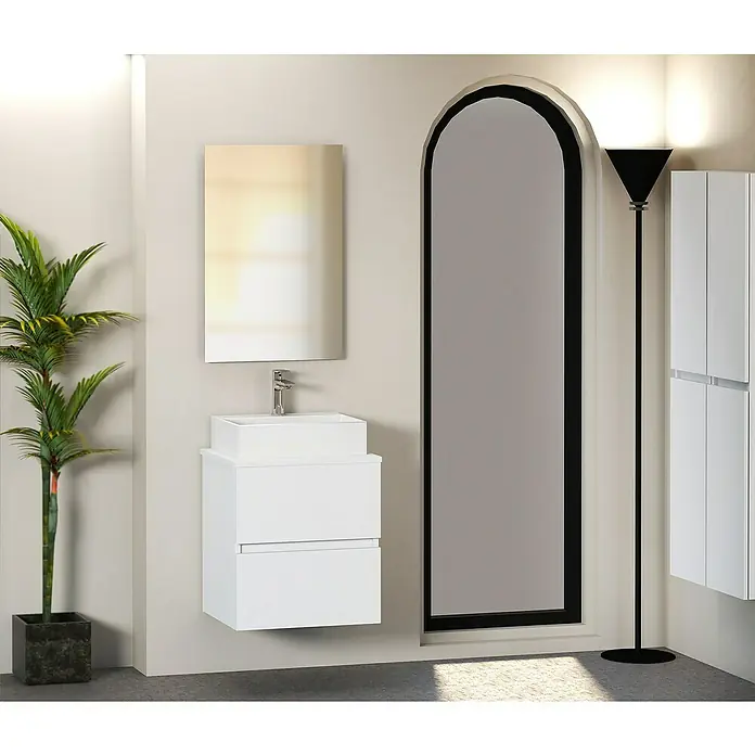 Artysan Mueble bajo de lavabo Fons - 39 x 50 x 56 cm, Blanco seda - Un tocador de baño moderno con un diseño limpio. El gabinete blanco cuelga debajo de un espejo a juego, ideal para baños contemporáneos.