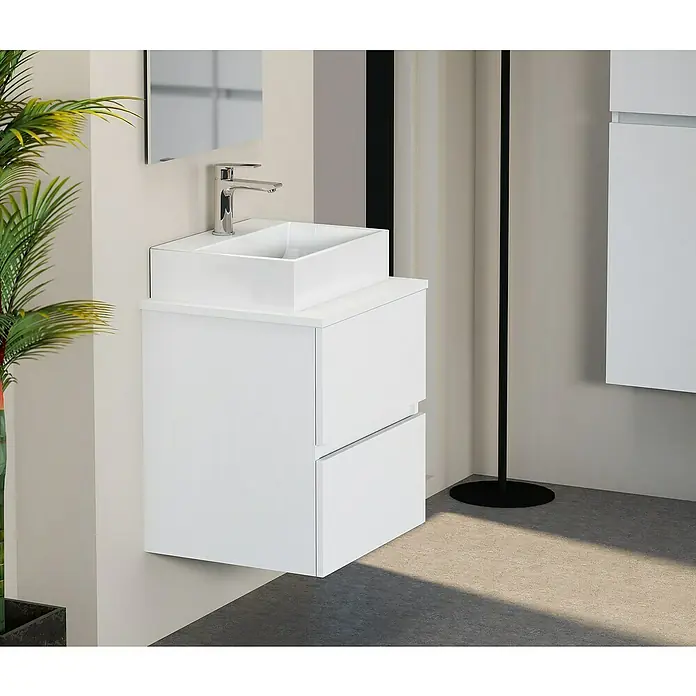 Artysan Mueble bajo de lavabo Fons - 39 x 50 x 56 cm, Blanco seda - Tocador blanco con lavabo rectangular sobre encimera y dos cajones. Diseño elegante para baños modernos.