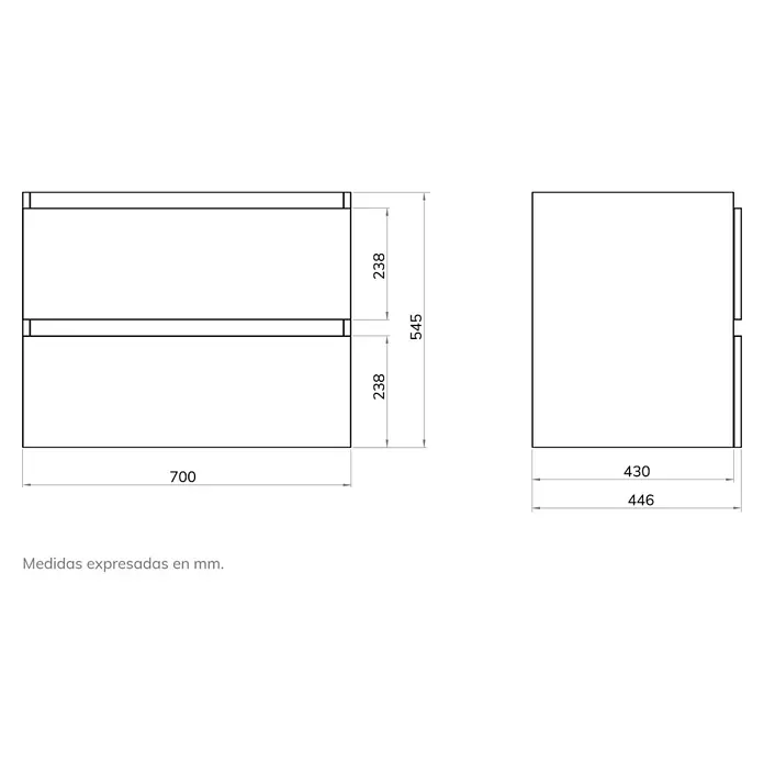 Artysan Mueble bajo de lavabo Fons - 46 x 70 x 56 cm, Fango - Vista del producto con dimensiones: El gabinete de base con dos cajones mide 700 mm de ancho, 446 mm de profundidad y 545 mm de alto.