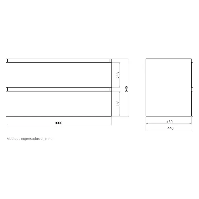 Artysan Mueble bajo de lavabo Fons - 46 x 100 x 56 cm, Nebraska - Dibujo esquemático de un mueble de baño con cajones. Las dimensiones son 1000 mm de ancho, 545 mm de alto y 446 mm de profundidad.