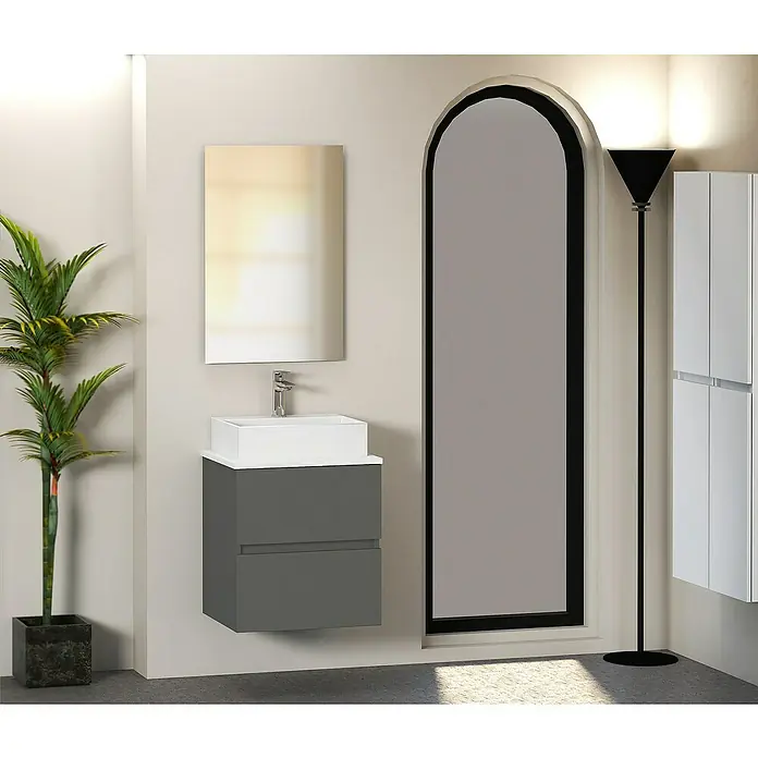 Artysan Mueble bajo de lavabo Fons - 39 x 50 x 56 cm, Antracita - Elegante interior de baño con un mueble de lavabo gris, un lavabo sobre encimera blanco y espejo. Un complemento elegante para cualquier baño.
