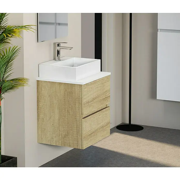 Artysan Mueble bajo de lavabo Fons - 39 x 50 x 56 cm, Nature - Baño moderno con mueble de lavabo de madera y lavabo sobre encimera cerámico blanco cuadrado.