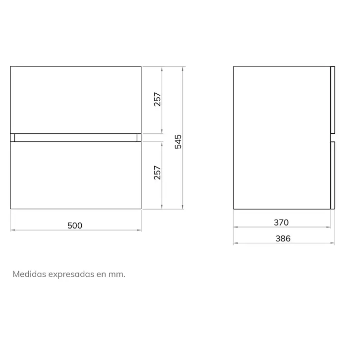 Artysan Mueble bajo de lavabo Fons - 39 x 50 x 56 cm, Azul - Boceto del producto de un armario que mide 500 x 257 x 545 mm y 370 x 386 mm. La imagen detalla las dimensiones del mueble.