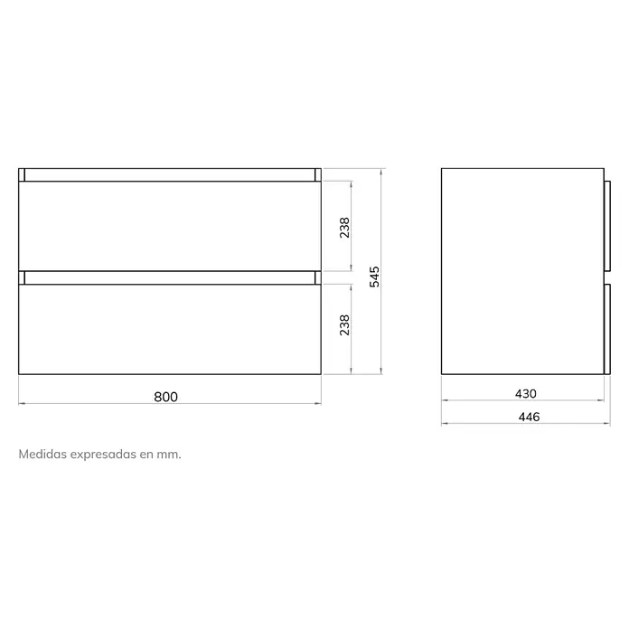 Artysan Mueble bajo de lavabo Fons - 46 x 80 x 56 cm, Musgo - Dibujo técnico de un mueble de baño con dos cajones, de 800 mm de ancho y 545 mm de alto. La profundidad del mueble es de 446 mm.