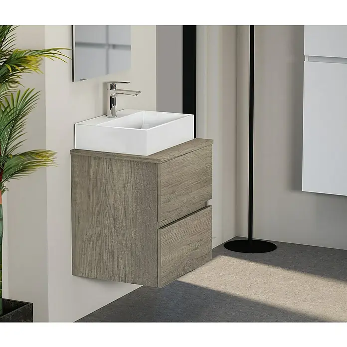 Artysan Mueble bajo de lavabo Fons - 39 x 50 x 56 cm, Nebraska - Elegante mueble de baño con aspecto de madera, con un moderno lavabo sobre encimera y grifo minimalista, perfecto para un baño elegante.