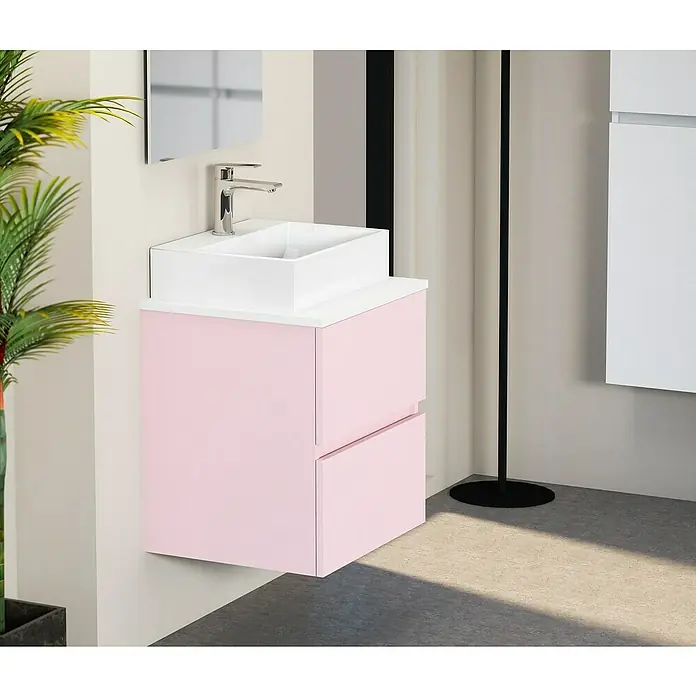 Artysan Mueble bajo de lavabo Fons - 39 x 50 x 56 cm, Rosa - Moderno baño con un mueble de lavabo rosa, un lavabo sobre encimera y un espejo elegante.