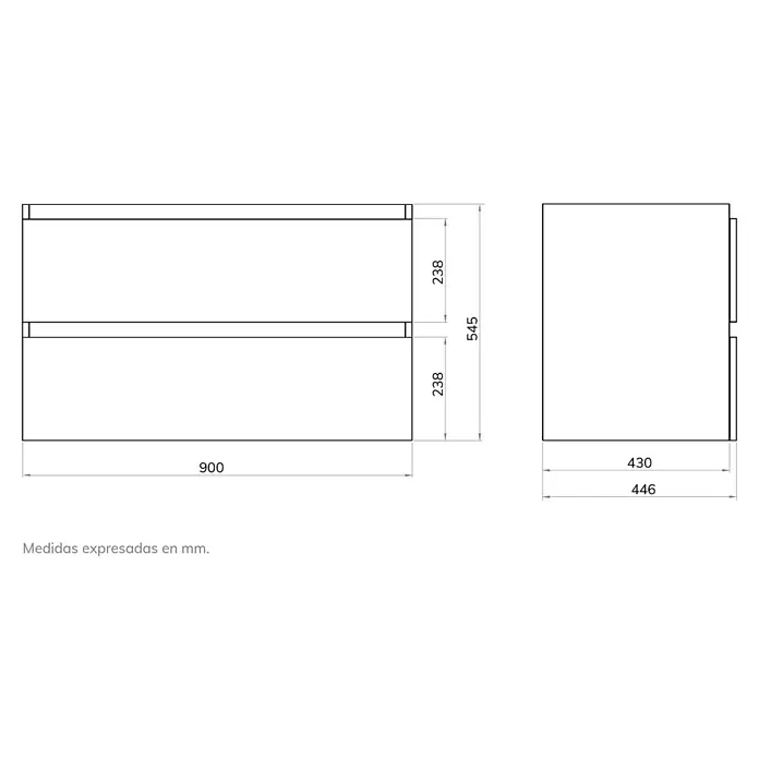 Artysan Mueble bajo de lavabo Fons - 46 x 90 x 56 cm, Antracita - Croquis de un mueble de baño con dimensiones 900 x 446 x 545 mm. El mueble de lavabo tiene dos cajones, cada uno de 238 mm de altura.