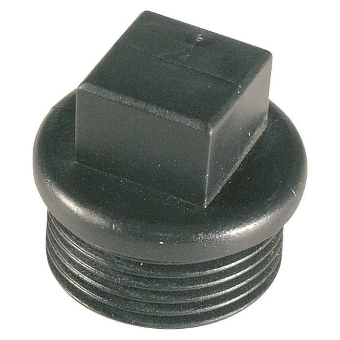 Tapón PPFV macho - 1″ - Tapón de plástico negro con cabeza cuadrada y rosca externa para sellar aberturas.