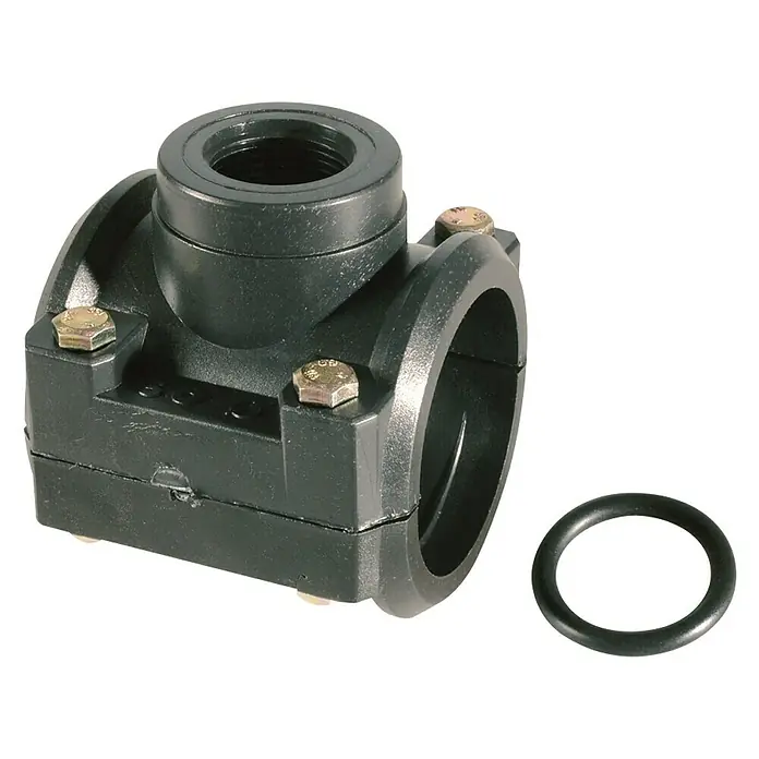 Collarín con derivación roscada PPFV - Diámetro: 25 mm, ¾″ - Abrazadera de toma negra de plástico con pernos y junta tórica. Ideal para instalaciones y reparaciones de tuberías.