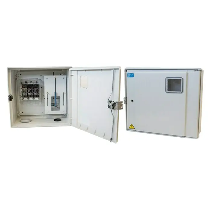 Cuadro eléctrico de superficie trifásico - Número de hileras: 1 ud., 53 x 53 cm, Gris claro - Caja de distribución eléctrica de tres partes en blanco con fusibles y ventanas para la lectura del contador. Apto para instalaciones eléctricas.