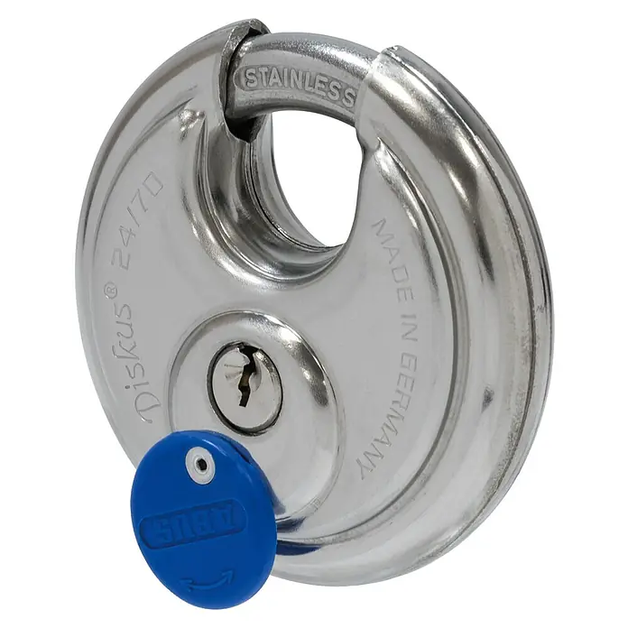 Abus Diskusschloss Lock-Tag 24IB/60 - B x H: 60 x 60 mm, Bügelstärke: 8 mm, Sicherheitsstufe: 7 - ABUS Diskus 24/70 Vorhängeschloss aus Edelstahl mit blauem Schlüsselanhänger für erhöhte Sicherheit und Witterungsbeständigkeit.