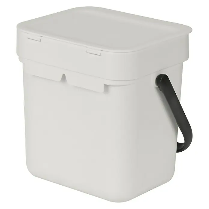 Brabantia Cubo de basura empotrado Sort & Go - 3 l, Plástico, Gris - Cubo de compostaje blanco con asa y tapa negras, ideal para la recolección de residuos orgánicos en la cocina. Diseño compacto y funcional.