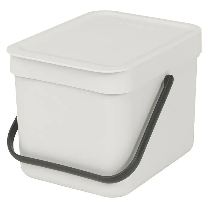 Brabantia Cubo de basura empotrado Sort & Go - 6 l, Blanco, Plástico - Un cubo de compostaje blanco con tapa y asa negra, perfecto para residuos de cocina. Elegante, práctico y sostenible para cualquier cocina.
