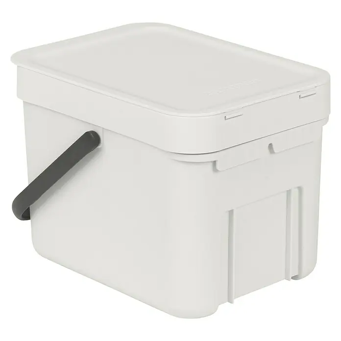 Brabantia Cubo de basura empotrado Sort & Go - 6 l, Blanco, Plástico - Un contenedor de compostaje blanco y rectangular con tapa y asa gris, ideal para restos de cocina.