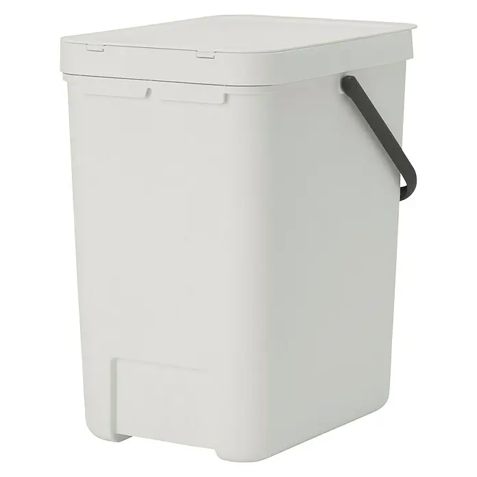 Brabantia Cubo de basura empotrado Sort & Go - 25 l, Blanco, Plástico - Un contenedor blanco y cuadrado con tapa y asa gris, útil como cubo de basura o para otros propósitos de almacenamiento.