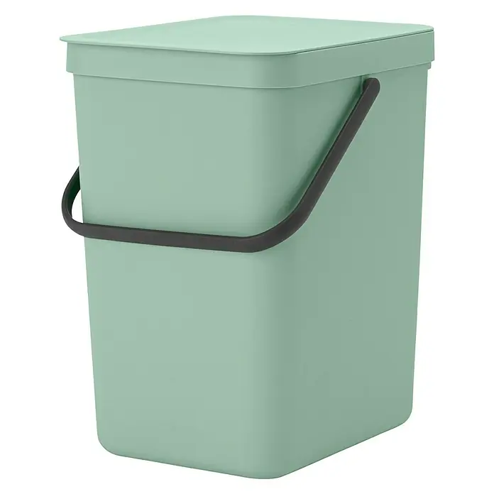 Brabantia Cubo de basura empotrado Sort & Go - 25 l, Verde, Plástico - Cubo de basura verde menta con tapa y asa negra. Ideal para cocina o baño, práctico y elegante.