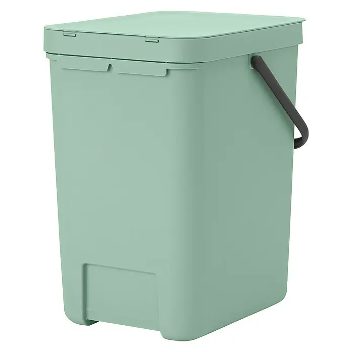 Brabantia Cubo de basura empotrado Sort & Go - 25 l, Verde, Plástico - Un cubo rectangular de color verde menta con tapa y asa gris. Ideal para la separación de residuos en la cocina o la oficina.