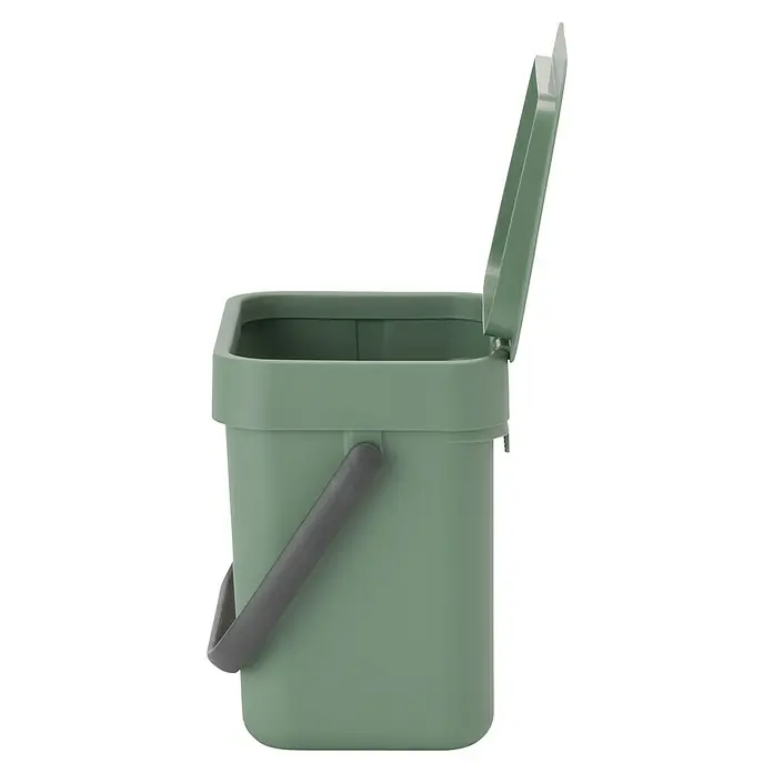 Brabantia Cubo de basura empotrado Sort & Go - 3 l, Plástico, Verde oscuro - Un cubo de compostaje de cocina verde con asa gris y tapa abierta. Ideal para compostaje y separación de residuos en la cocina.