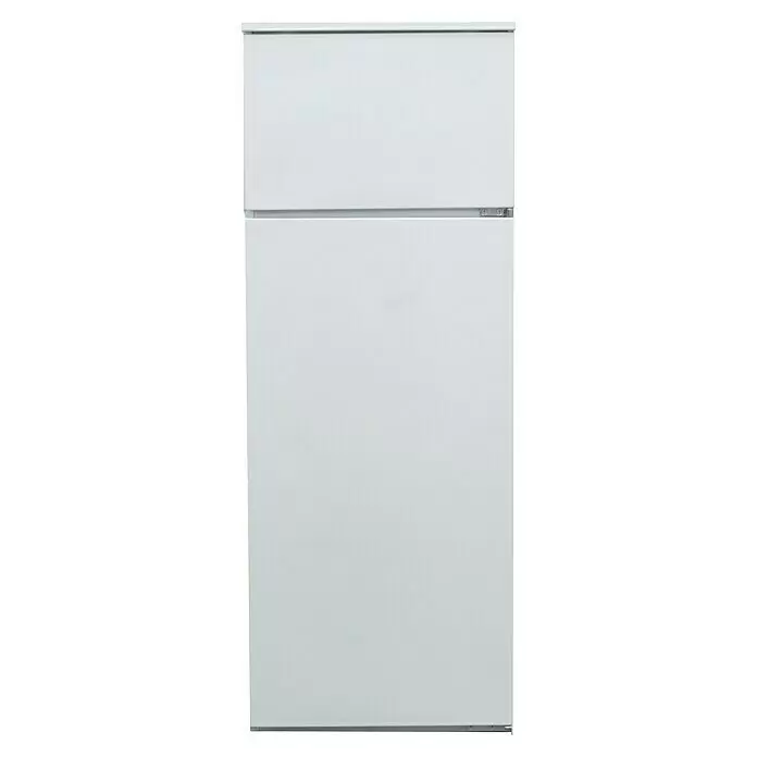Respekta Premium Cocina esquinera Amanda - An x Pr: 290 x 200 cm, Roble/Gris, Con electrodomésticos - Nevera blanca de dos puertas con congelador superior.