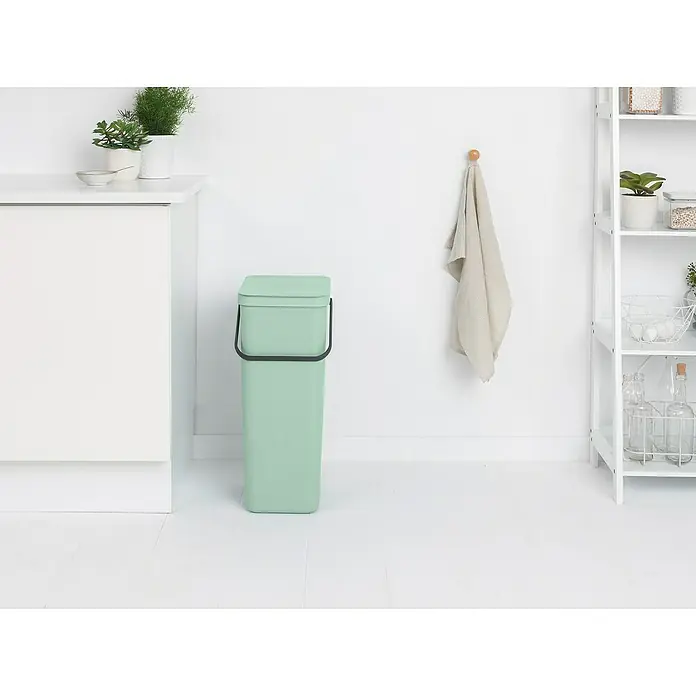 Brabantia Cubo de basura empotrado Sort & Go - 40 l, Verde, Plástico - Un cubo de basura verde menta con asa negra se encuentra en una habitación luminosa. Elementos decorativos como plantas y estanterías son visibles.
