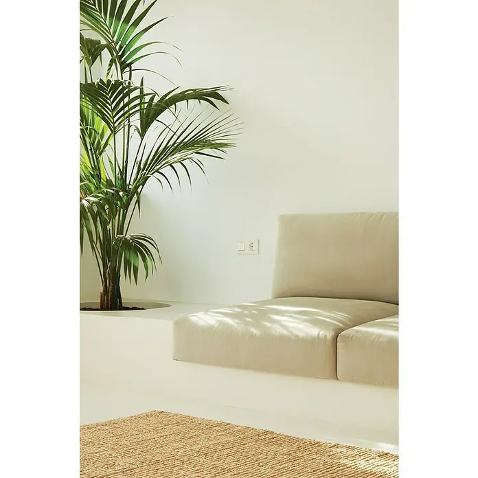 Simon 270 Combinación de interruptores + enchufe - x 2, Vertical, Blanco, Colocar, IP20 - Habitación minimalista con un sofá modular beige, una alfombra y una planta de interior, destacando la elegancia sencilla del sofá.