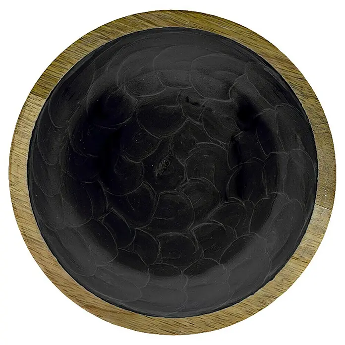 Schüssel Mangoholz - Grau, Ø x H: 15,5 x 6 cm, Rund - Schwarze Schale mit Muschelmuster und Holzrand, ideal für die Tischdekoration und zur Aufbewahrung von Kleinigkeiten.