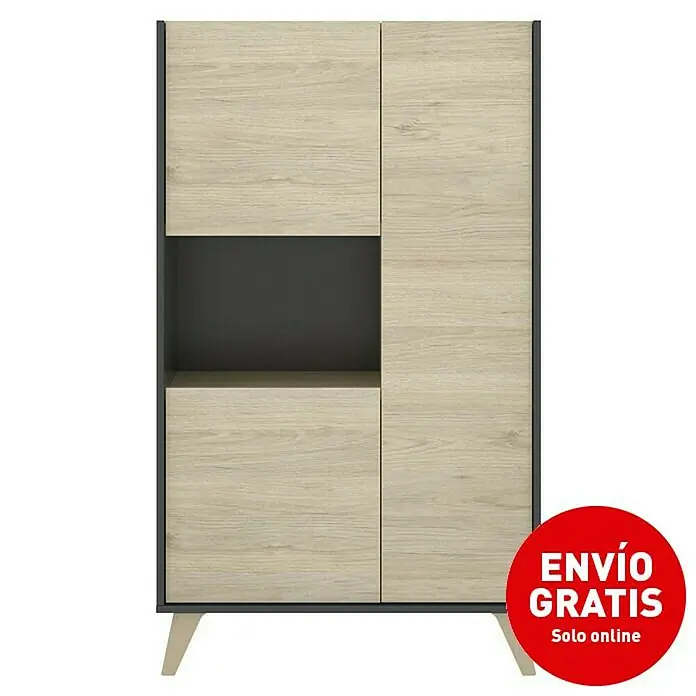 Dekit Aparador Ness - L x An x Al: 43 x 81 x 135 cm, Natural/Grafito - Aparador elegante en aspecto de madera con detalles en negro y compartimento abierto para almacenaje versátil en el salón.