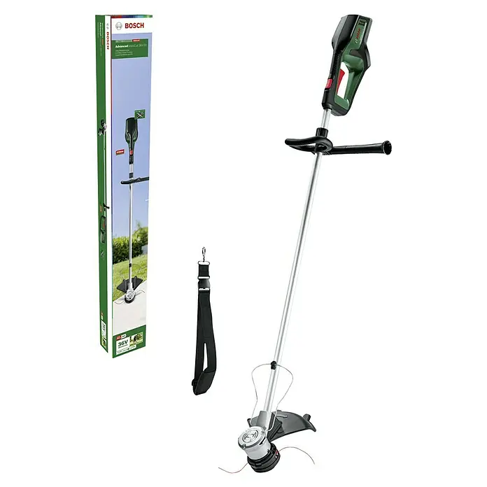 Bosch Power for All 36V Akku-Rasentrimmer AdvancedGrassCut 36V-33 - 36 V, Li-Ionen, Ohne Akku - Der Bosch AdvancedGrassCut 36V-33 Akku-Rasentrimmer mit Verpackung und Tragegurt bietet kabellose Freiheit und präzises Trimmen für Ihren Garten.