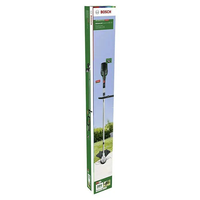 Bosch Power for All 36V Akku-Rasentrimmer AdvancedGrassCut 36V-33 - 36 V, Li-Ionen, Ohne Akku - Verpackung des Bosch AdvancedGrassCut 36V-33 Akku-Rasentrimmers. Das Bild zeigt den Rasentrimmer auf der Vorderseite der Verpackung.
