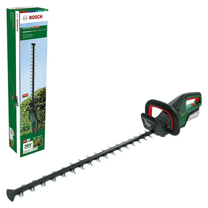 Bosch Power for All 36V Akku-Heckenschere AdvancedHedgeCut 36V-65-28 - 36 V, Li-Ionen, Ohne Akku - Das Bild zeigt eine Bosch AdvancedHedgeCut 36V-65-28 Akku-Heckenschere mit langem Schwert und zugehöriger Produktverpackung.