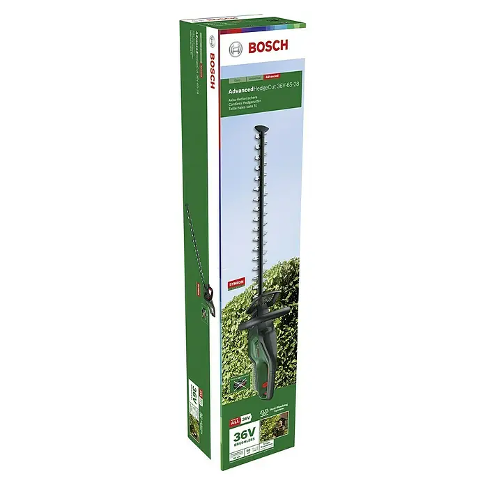 Bosch Power for All 36V Akku-Heckenschere AdvancedHedgeCut 36V-65-28 - 36 V, Li-Ionen, Ohne Akku - Verpackung der Bosch Advanced HedgeCut 36V-65-28 Akku-Heckenschere, die ein Bild des Produkts und seine wichtigsten Merkmale zeigt.