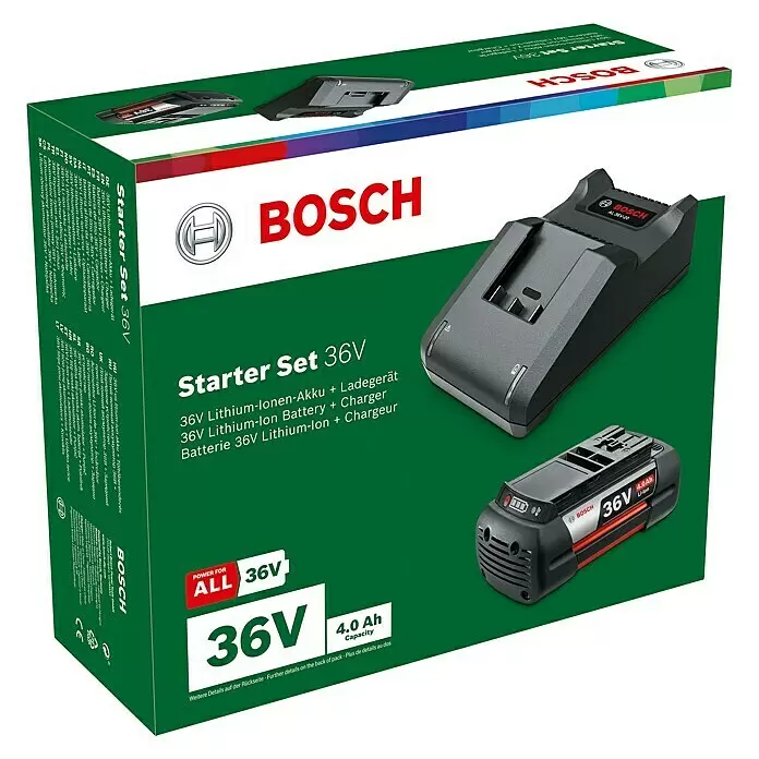 Bosch Power for All 36V Akku & Ladegerät Starter Set - 36 V, 4 Ah, 1 Akku - Bosch 36V Starter Set mit schwarzem und rotem 4,0 Ah Lithium-Ionen-Akku und schwarzem Ladegerät.