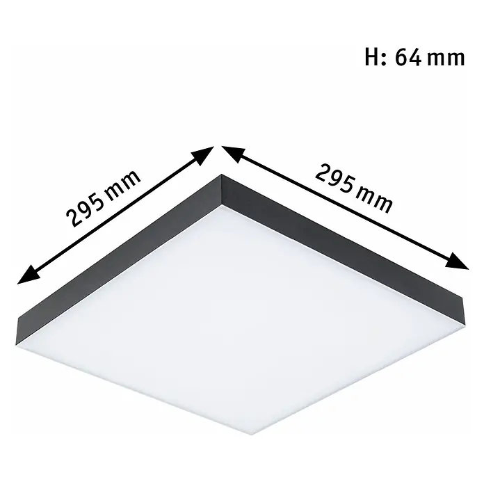 Paulmann LED-Panel Velora Rainbow - 16 W, L x B x H: 29,5 x 29,5 x 6,4 cm, Schwarz, RGBW - Bild einer quadratischen Deckenleuchte mit schwarzem Rahmen und den Maßen 295 x 295 mm und einer Höhe von 64 mm.