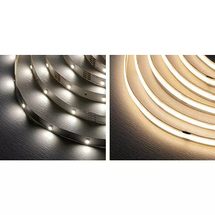 Paulmann LED-Band - Länge: 300 cm, Lichtfarbe: Neutralweiß, 17 W, 230 V - Zwei aufgerollte LED-Lichtstreifen: einer mit sichtbaren einzelnen LEDs, der andere mit durchgehend diffusem Leuchten.