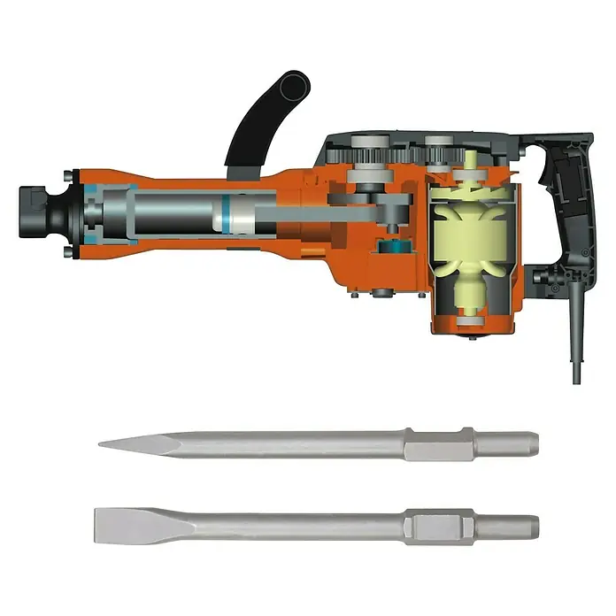 Toolson Abbruchhammer PRO-AH 43 - 1.600 W, 43 J, SDS-Hex-Aufnahme - Illustration eines Abbruchhammers mit Bohraufsätzen, der innere Mechanismen des Werkzeugs zeigt.