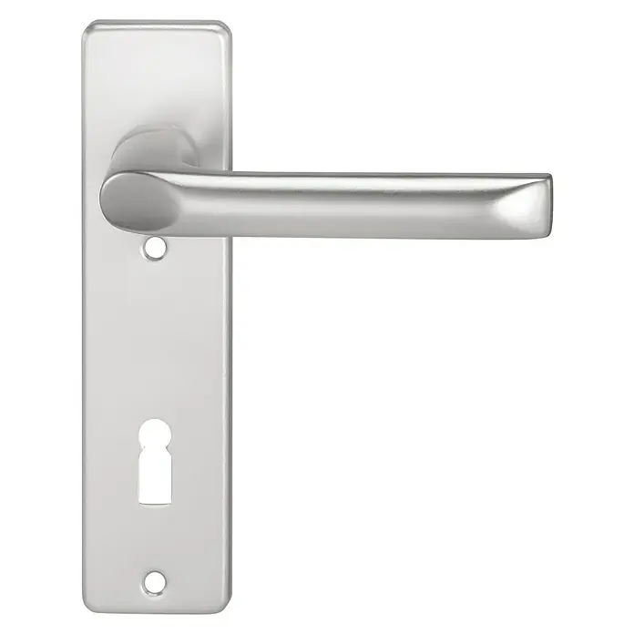 Stabilit Drückergarnitur - L-Form, Kurzschild - Elegante Türklinke aus poliertem Edelstahl mit formschönem Design. Ideal für moderne Inneneinrichtungen und sicheren Halt beim Öffnen und Schliessen.