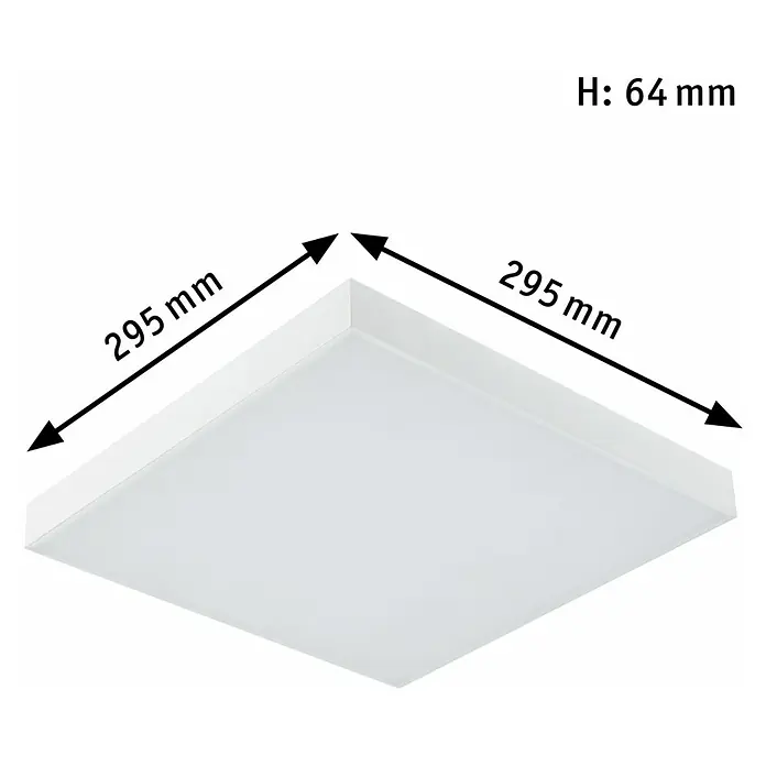 Paulmann LED-Panel Velora Rainbow - 16 W, L x B x H: 29,5 x 29,5 x 6,4 cm, Weiß, RGBW - Abbildung einer quadratischen LED-Deckenleuchte mit den Maßen 295 x 295 mm und einer Höhe von 64 mm.