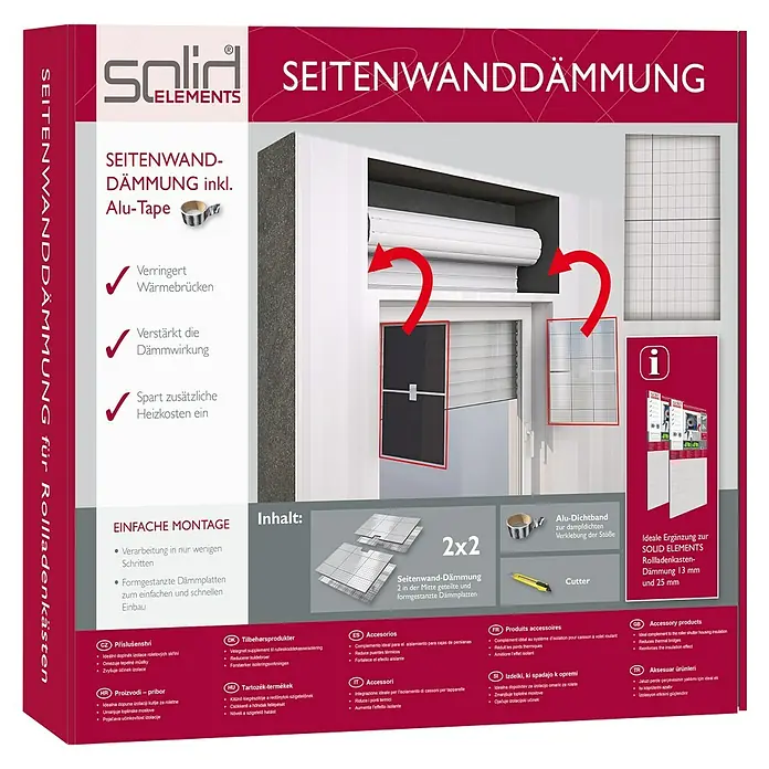 Solid Elements Seitenwanddämmung zur Rollladenkasten-Dämmung - 3 -tlg. - Produktverpackung für Solid Elements Seitenwanddämmung inkl. Alu-Tape zur Rollladenkastendämmung.
