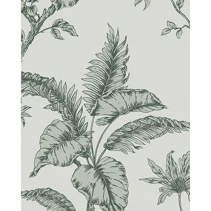 SCHÖNER WOHNEN-Kollektion Vliestapete - Greige, Floral, 10,05 x 0,53 m - Nahaufnahme einer Tapete mit einem tropischen Blätter-Design in Grau und Weiß, das eine ruhige und natürliche Atmosphäre schafft.